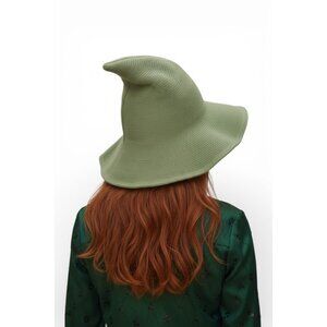 Sage Green Knit Pointy Witch Hat Soft Textured Wide Brim Accessory